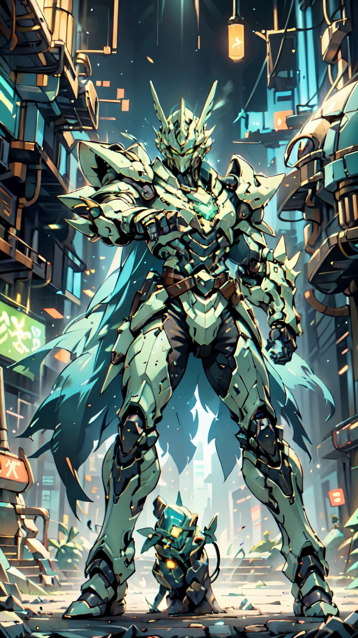 (masterpiece:1.5, best quality:1.5, extremely delicate:1.5, foreshortening:1.5, dynamic angle:1.5), a man wearing a full-face helmet, a fantasy-style biotech armored combat suit, green eyes, (a composite layered chest armor), fully enclosed shoulder guards, matching arm and leg guards, the belt is adorned with neon circuitry, (the color scheme is primarily white with green white accents), the design balances heavy with agility, a high-tech bio-mecha armor, (Armor Concept Inspired by neon Cyberpunk, stand on the top of a skyscraper in a futuristic sci-fi city), this character embodies a finely crafted fantasy-surreal style armored hero in anime style, exquisite and mature manga art style, (element, plasma, energy, the armor glows), ((male:1.5)), metallic, high definition, highres, ultra-detailed, ultra-fine painting, professional, perfect body proportions, golden ratio, anatomically correct, symmetrical face, extremely detailed eyes and face, high quality eyes, creativity, RAW photo, UHD, 32k, Natural light, cinematic lighting, masterpiece-anatomy-perfect