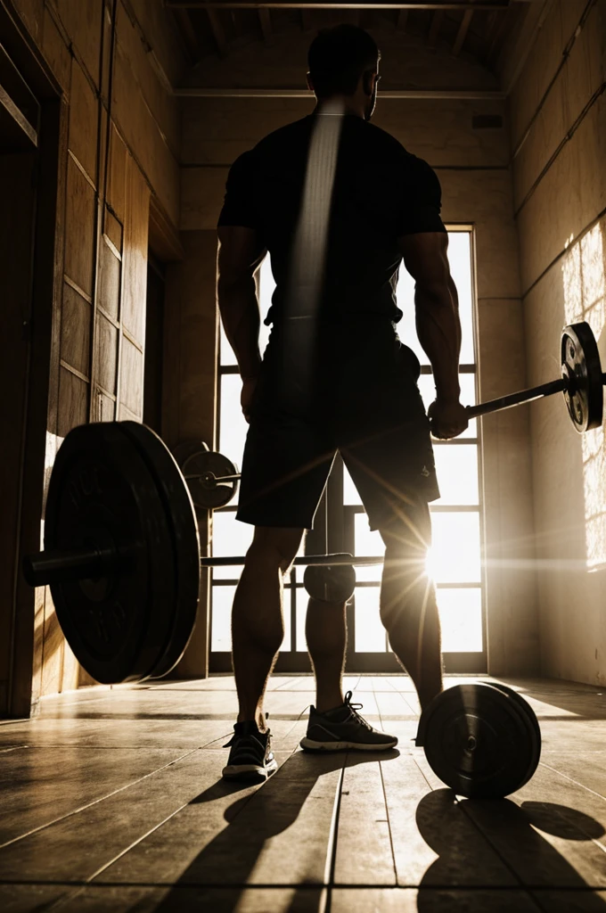 The shadow of a man lifting weights