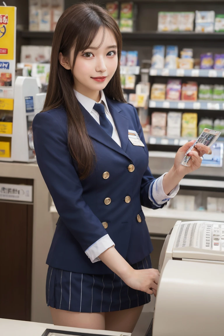 Convenience store clerk cashier , Highest quality, shape, Very detailed, In detail, High resolution, 8k wallpaper, Perfect dynamic composition, Beautiful details, Natural Lip, Blue and white striped uniform panty shot , Big Breasts, Lawson's uniform is open,Cleavage, She is smiling happily while looking back in an erotic pose. ..., A masterpiece of the whole body, Whole shot