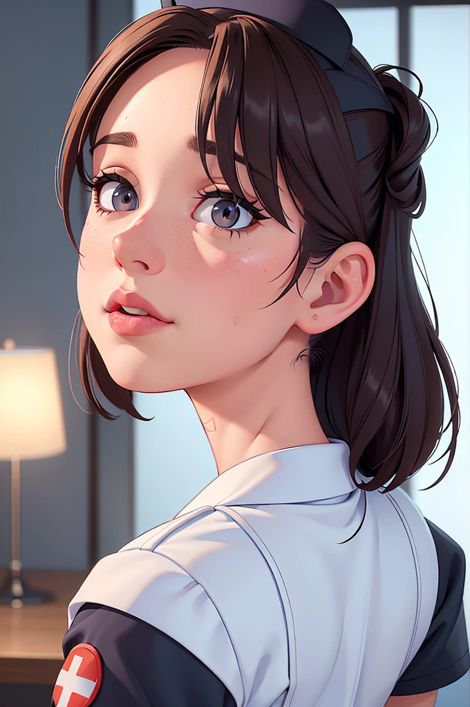 (a woman:1.1) A girl in a nurse uniform (from behind) (Best Quality,4k,8k,high resolution,Masterpiece:1.2), (realist,photorealist,photo-realist:1.37), ultra detailed, (professional:1.1) que incluande (a beautiful face) with (Extremely detailed eyes) and (beautiful detailed lips). the girl is seen (From a first person perspective:1.1), focusing on the (nurse&#39;s ass) in a (sexand:0.9) form. The nurse wears a (appropriate white uniform) with a (stethoscope) around your neck. The scene is (brightly lit) with (soft natural lighting) highlighting the girl and the nurse. The work of art must have a (realist) standle and vibrant colors to create a (natural) Atmosphere.