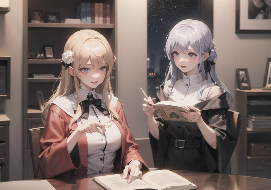 Realistic photos, Focus distance 10mm, Red and white, A big smile, Beautiful girl, Realistic photos, Focus distance 10mmで撮影, masterpiece, 最high quality, high quality, Very detailed CG 8k wallpaper unit, Award-winning photography,  Depth of written boundary, High resolution, bloom, chromatic aberration, Realistic, Very detailed, Art Station Trends, CGsociety Trends, Complex, High detail, dramatic, Art on the go, volumetric lighting, Beautiful blonde, Final Fantasy style beautiful girl、Purple Eyes、Silver long hair、The Sage's Robe、Starry sky and magic book in the background