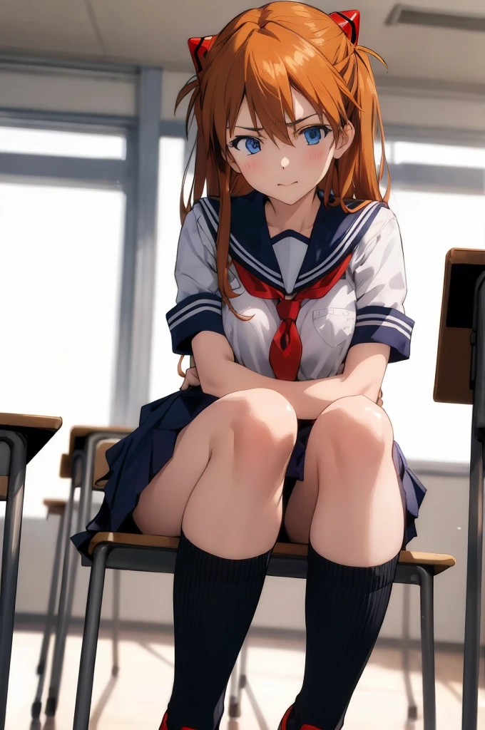 asuka, blue eyes, orange hair,,, serafuku,uniform,miniskirt,classroom,socks
(best quality, masterpiece, RAW photo,ultra-detailed:1.2), 1girl,solo,looking at viewer,