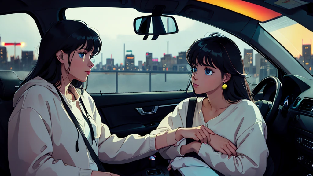 Create an image from the angle inside a car, showing a woman with a thoughtful expression on her face as she gazes out of the side window at the cityscape. The city outside should be visible, illuminated by streetlights and neon signs. Use soft, pastel colors and subtle gradients to capture a dreamy, reflective atmosphere. Ensure the interior of the car feels cozy and comfortable, adding to the overall serene vibe. 80's city pop style.
