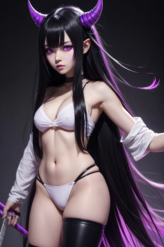 Create an anime demon slayer oni with white skin, long black hair and purple eyes