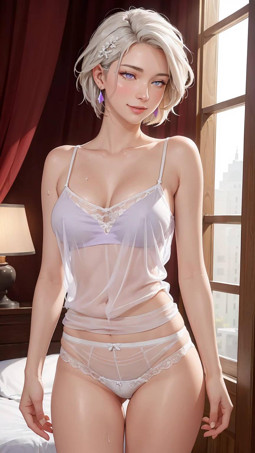 ((((masterpiece, best quality, high resolution)))), Extremely detailed 8K, Beautiful girl with voluptuous body, (Ultra HD, Ultra-detailed, Highly detailed, Highly realistic, Ultra-realistic, photograph realistic), (1girl:1.5), (Realistic white hair), (short wavy hair, hair ornaments, earrings), (dynamic poses), facing at camera, looking at viewer, (blushing red, embarrassed, exhausted, smile), (purple eyes, sharp eyes), (perky breasts:1.2), (beautiful detailed face, beautiful detailed eyes), ((white sheer camisole, black panties)), (detail pussy), (standing up:1.3), sweat, glow, (nightlight), ((cowboy shot)), bedroom, seductive