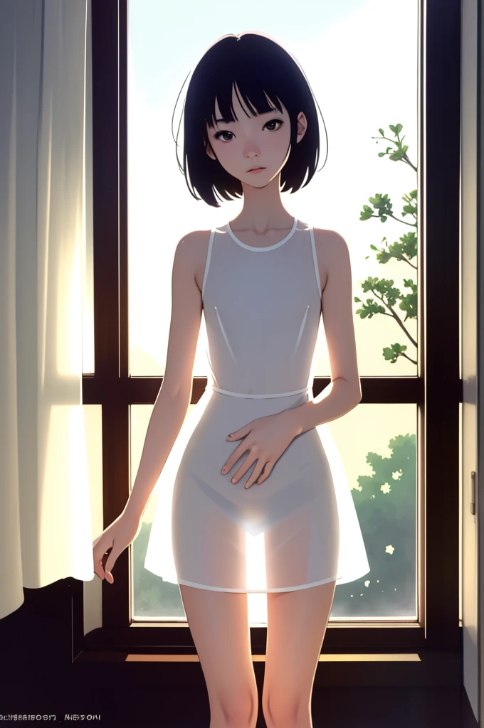 (masterpiece, Highest quality), One Girl,14 years old,Very short stature,Thin thighs,Flat Chest,slim, White short dress, Transparent Dress, See-through silhouette, Backlight, Backlight, Standing by the window, Bedroom, morning, sunlight, warm, Anime Minimalist, watercolor,hugging a big teddy bear,