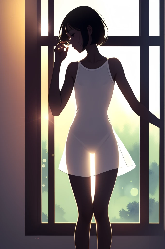 (masterpiece, Highest quality), One Girl,14 years old,Very short stature,Thin thighs,Flat Chest,slim, White short dress, Transparent Dress, See-through silhouette, Backlight, Backlight, Standing by the window, Bedroom, morning, sunlight, warm, Anime Minimalist, watercolor,hugging a big teddy bear,