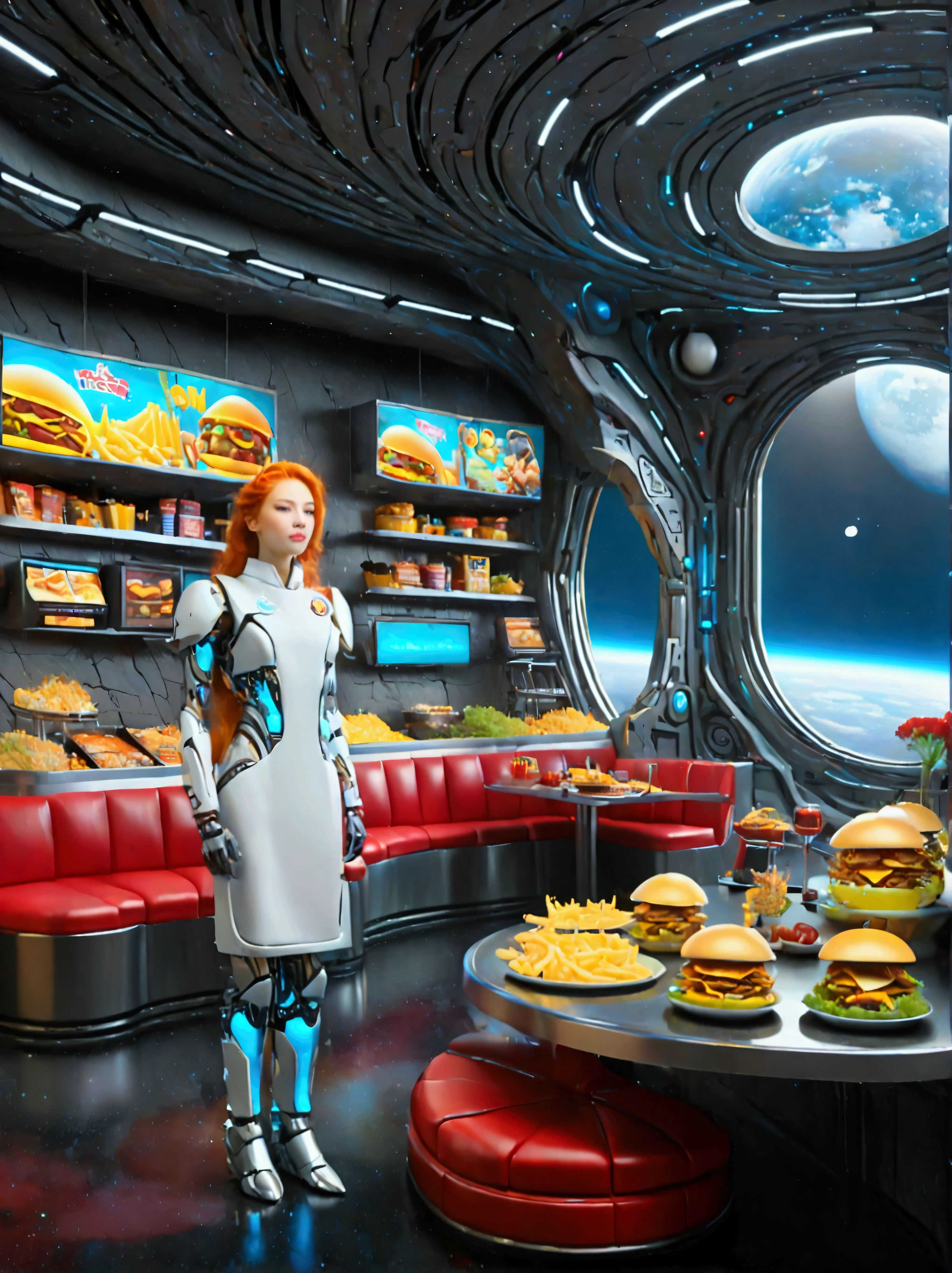 Best quality，8K，high resolution，masterpiece，Ultra Detailed，lifelike，Photorealism，future world，(Fast food restaurant cyborg female employee on the moon:1.5)，(apron)，(Fast food restaurant staff uniforms)，Transparent Mecha，Cyberpunk cyborg woman，doll，Beautiful meticulous eyes，Beautiful delicate lips，Extremely detailed eyes and face，Long eyelashes，Physically Based Rendering，Extremely detailed description，Ultra-detailed paintings，Futuristic interior decoration，Neon，Sharp focus，Vibrant colors，Science Fiction，Concept Art，High-tech atmosphere，Studio Lighting，HDR，Ultra HD，Bokeh