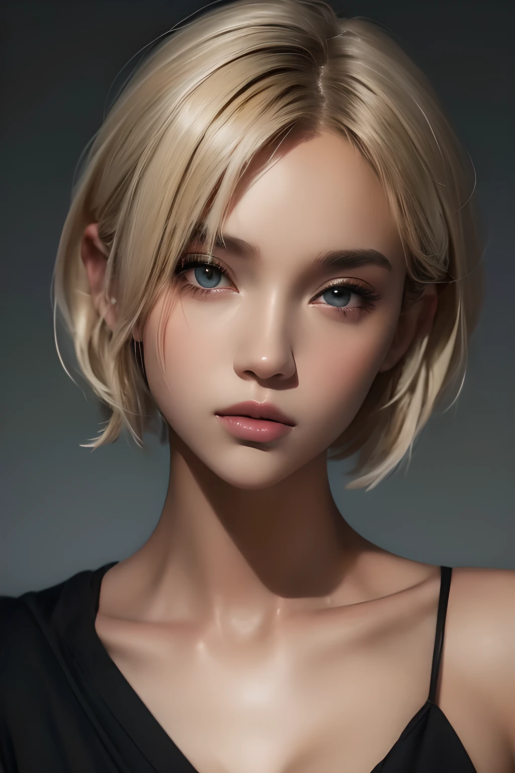 a 20 yo woman, (eyes on view), (half body), (full face), blonde, (messy short hair), dark theme, soothing tones, muted colors, high contrast, (natural skin texture, hyperrealism, soft light, sharp), grey background