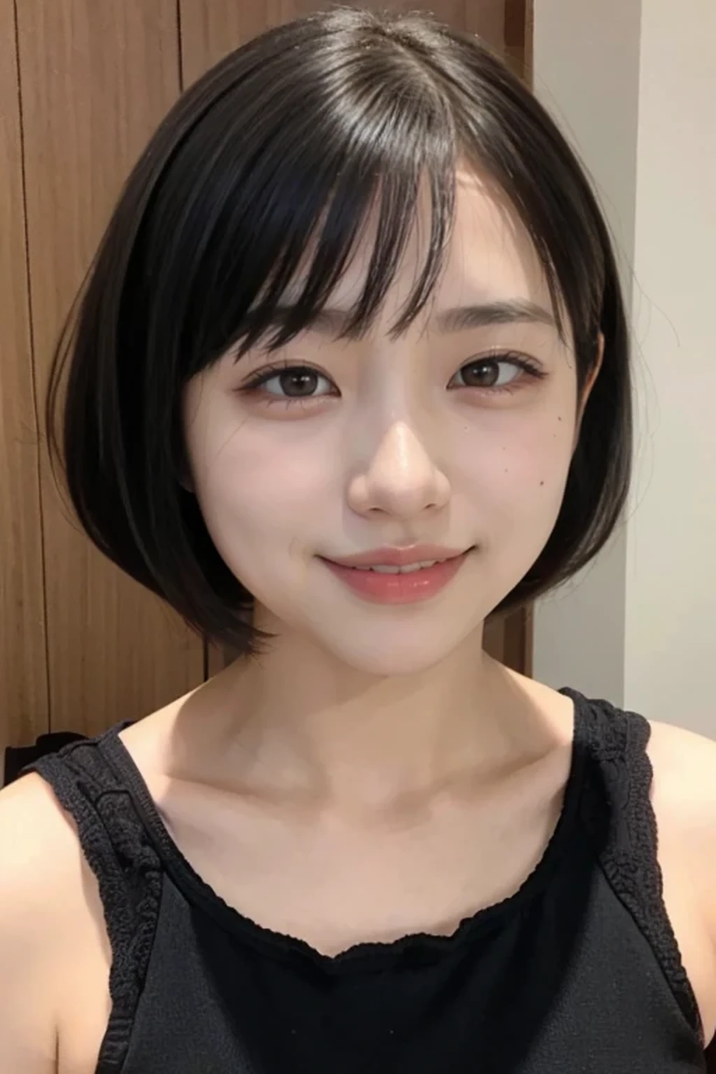 (thong:1.3), 8k, RAW photo, best quality, masterpiece, realistic, photo-realistic, clear, professional lighting, beautiful face, no makeup, best quality, ultra high res, BREAK, Japanese cute girl, 14 years old, (short cut hair:1.2), smile, BREAK, standing, BREAK, (bedroom:1.3), (black eyes, black hair:1.2)