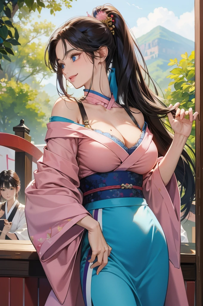 (absurderes, A high resolution, Ultra detailed, hdr), Masterpiece, Best quality, Indian  ,nami, extreme realistic very beautiful, animated style, full body shot, anime in a(((pink))) indian dress transparent (((saree))), head jewellery, necklace, earings, armlets, bangles and bracelets, rings, pleasant expression, natural beauty,night sky, vintage aesthetic,big breast,navel, cleavage ,standing ,open mouth,saliva,tongue out,face on front,drools,red lip,huge breast