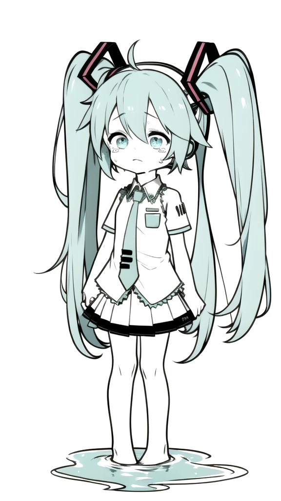 best quality, chibi, 1 girl,  miku, Hatsune Miku, (full body), Pure white background,Vivid,clearly,sad face,Are crying,Swim in the water