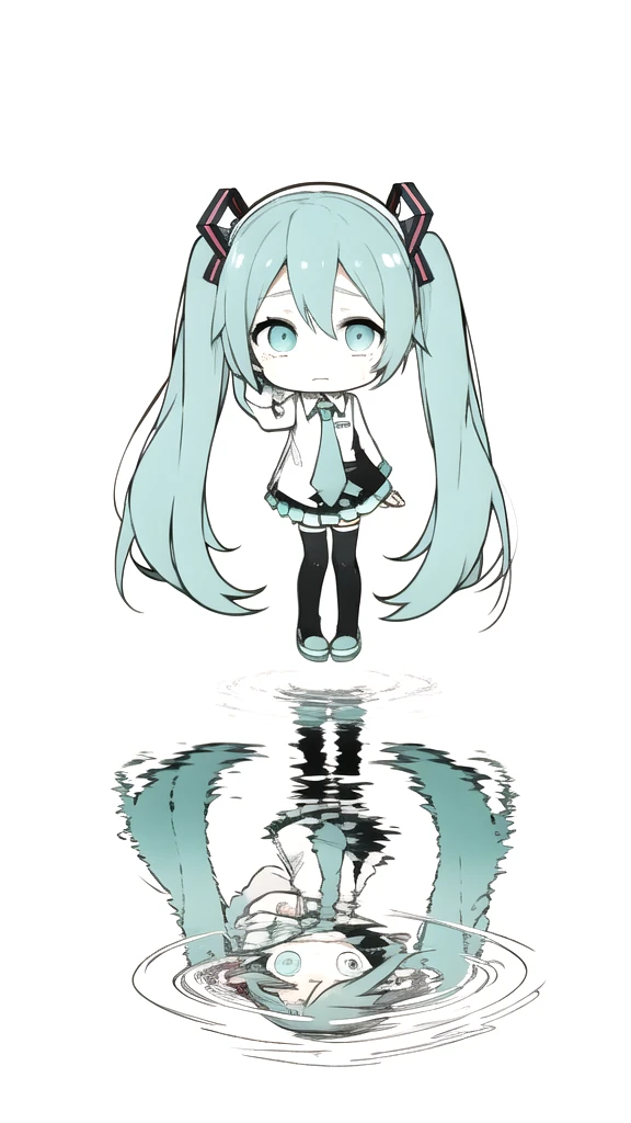 best quality, chibi, 1 girl, miku, Hatsune Miku, (full body), Pure white background,Vivid,clearly,sad face,Are crying,Swim in the water