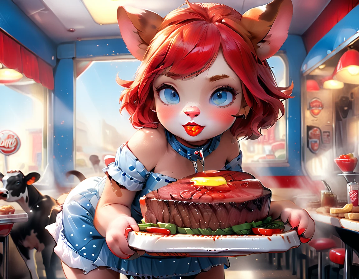a 3D digital painting picture of extremely beautiful  (anthropomorphic cpw:1.3) serving a big juicy steak on a tray  in American diner, an exquisite beautiful female (cow anthropomorphic:1.3), (full body: 1.1) ultra feminine ultra detailed face, red hair, short hair, little fury, red lips, blue eyes, wearing sexy white seductive latex dress, looking at a American  kitchen background,  dynamic angle, , award winning, best quality, high quality, high details, highres, vibrant, Ultra-high resolution, High Contrast, (masterpiece:1.5), highest quality, Best aesthetics, best details, best quality, highres, ultra wide angle, 16k, [ultra detailed], masterpiece, best quality,  photorealistic, 3D rendering, furry