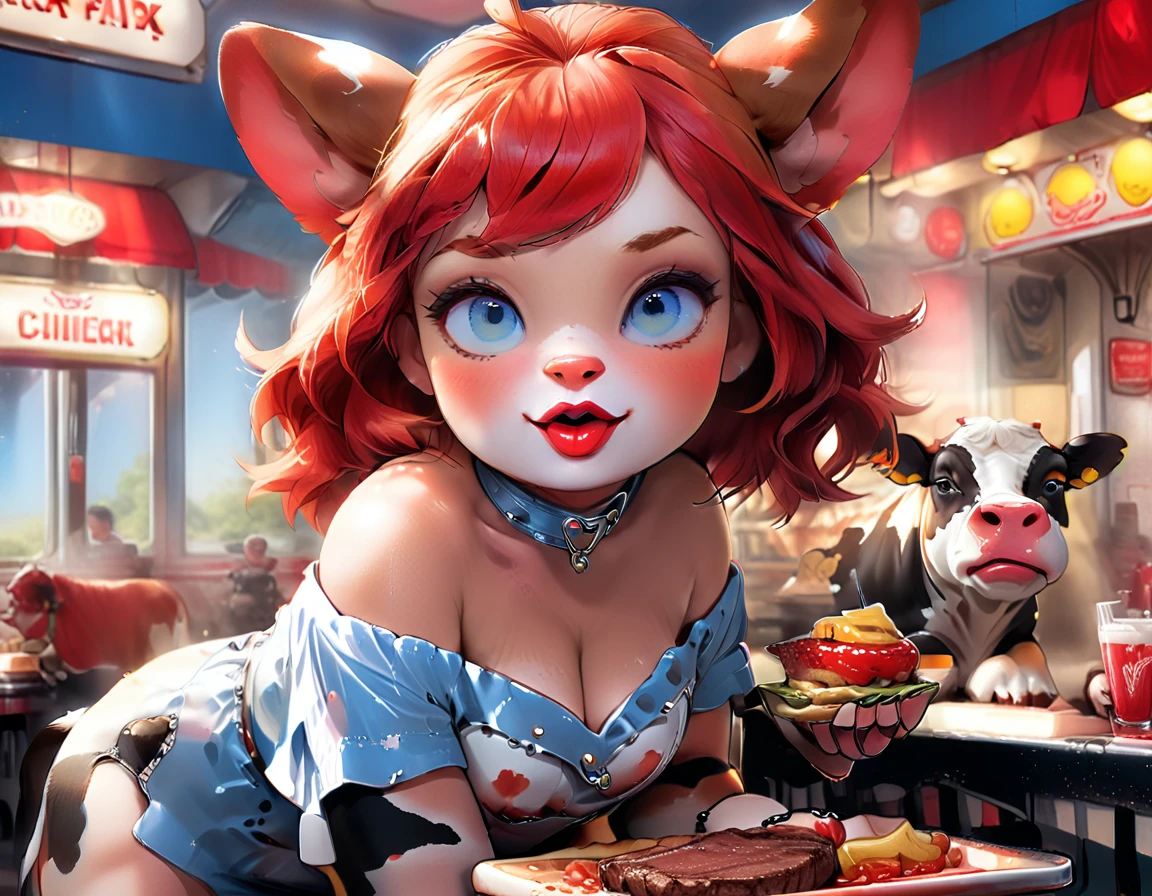 a 3D digital painting picture of extremely beautiful  (anthropomorphic cpw:1.3) serving a big juicy steak on a tray  in American diner, an exquisite beautiful female (cow anthropomorphic:1.3), (full body: 1.1) ultra feminine ultra detailed face, red hair, short hair, little fury, red lips, blue eyes, wearing sexy white seductive latex dress, looking at a American  kitchen background,  dynamic angle, , award winning, best quality, high quality, high details, highres, vibrant, Ultra-high resolution, High Contrast, (masterpiece:1.5), highest quality, Best aesthetics, best details, best quality, highres, ultra wide angle, 16k, [ultra detailed], masterpiece, best quality,  photorealistic, 3D rendering, furry