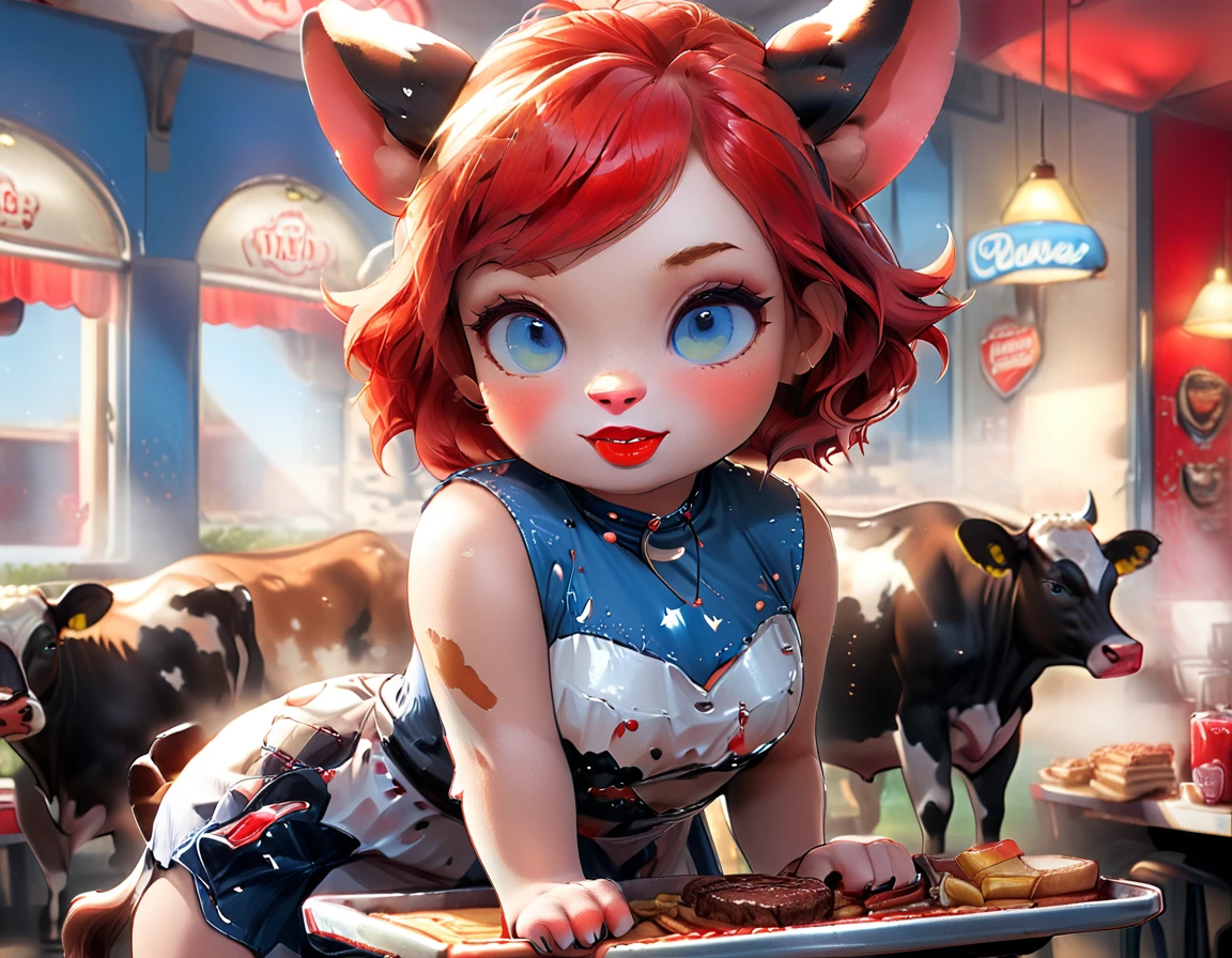 a 3D digital painting picture of extremely beautiful  (anthropomorphic cpw:1.3) serving a big juicy steak on a tray  in American diner, an exquisite beautiful female (cow anthropomorphic:1.3), (full body: 1.1) ultra feminine ultra detailed face, red hair, short hair, little fury, red lips, blue eyes, wearing sexy white seductive latex dress, looking at a American  kitchen background,  dynamic angle, , award winning, best quality, high quality, high details, highres, vibrant, Ultra-high resolution, High Contrast, (masterpiece:1.5), highest quality, Best aesthetics, best details, best quality, highres, ultra wide angle, 16k, [ultra detailed], masterpiece, best quality,  photorealistic, 3D rendering, furry