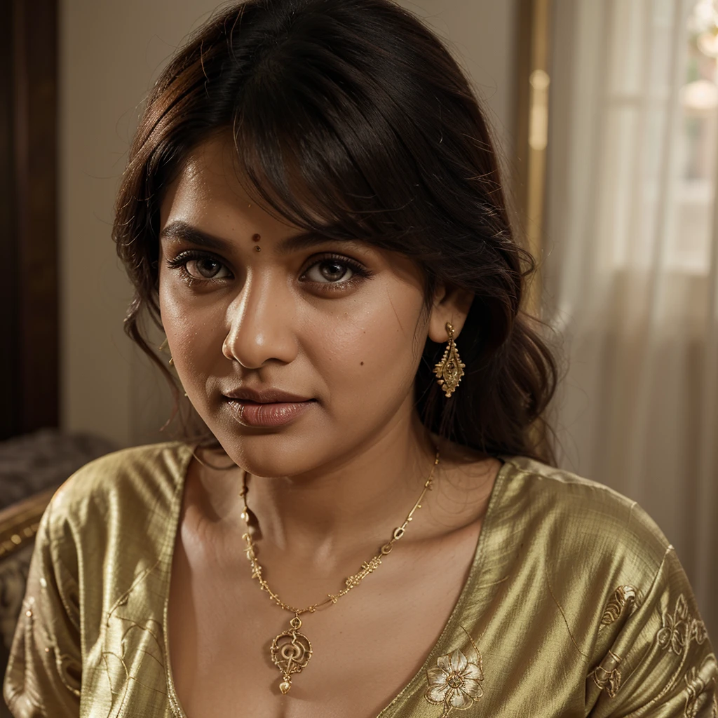 a chubby indian woman wearing a sexy kurta pajama, detailed face, beautiful eyes, long lashes, detailed skin texture, delicate jewelry, ornate kurta design, intricate patterns, lush floral background, warm lighting, cinematic composition, vibrant colors, highly detailed, photorealistic, masterpiece