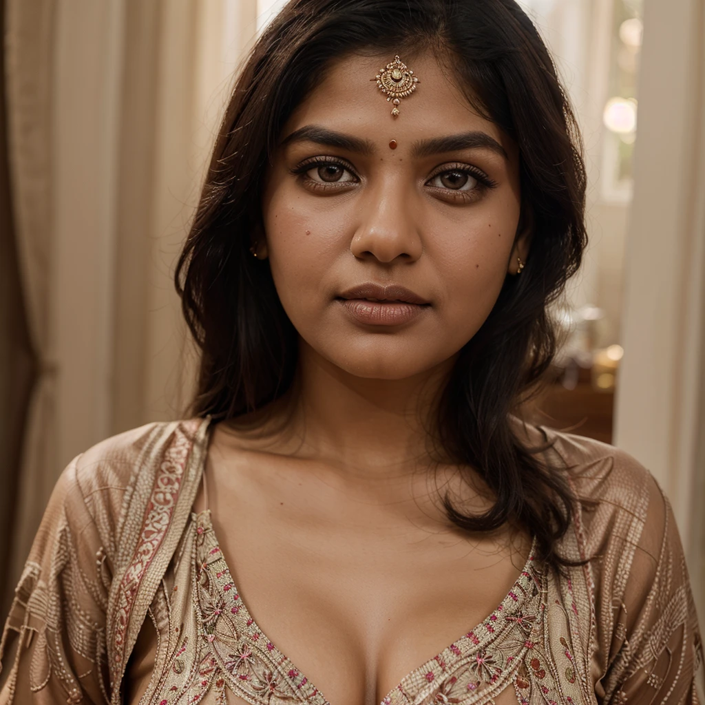 a chubby indian woman wearing a sexy kurta pajama, detailed face, beautiful eyes, long lashes, detailed skin texture, delicate jewelry, ornate kurta design, intricate patterns, lush floral background, warm lighting, cinematic composition, vibrant colors, highly detailed, photorealistic, masterpiece