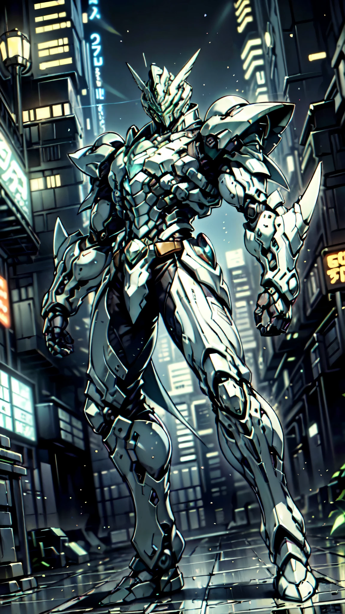 (masterpiece:1.5, best quality:1.5, extremely delicate:1.5, foreshortening:1.5, dynamic angle:1.5), a man wearing a full-face helmet, a fantasy-style biotech armored combat suit, green eyes, (a composite layered chest armor), fully enclosed shoulder guards, matching arm and leg guards, the belt is adorned with neon circuitry, (the color scheme is primarily white with green white accents), the design balances heavy with agility, a high-tech bio-mecha armor, (Armor Concept Inspired by neon Cyberpunk, stand on the top of a skyscraper in a futuristic sci-fi city), this character embodies a finely crafted fantasy-surreal style armored hero in anime style, exquisite and mature manga art style, (element, plasma, energy, the armor glows), ((male:1.5)), metallic, high definition, highres, ultra-detailed, ultra-fine painting, professional, perfect body proportions, golden ratio, anatomically correct, symmetrical face, extremely detailed eyes and face, high quality eyes, creativity, RAW photo, UHD, 32k, Natural light, cinematic lighting, masterpiece-anatomy-perfect