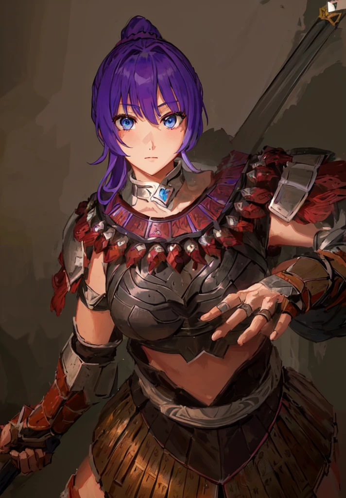 Wearing armor、Anime image of a woman holding a spear, Armor Girl, With scaly armor, Purple Armor, wearing monster hunter armor, A very beautiful berserker woman,Anime Art,Three Kingdoms志,Three Kingdoms。big boods,big ,huge ,sex body,Purple Hair,Blue Eyes,Black Leather,Brown skin,dark skin,