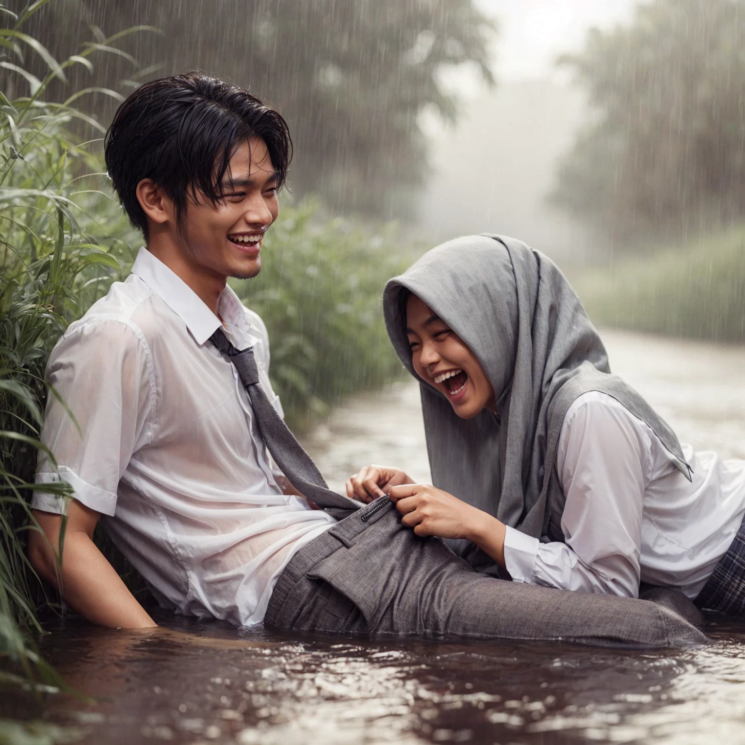 romantic couple. an Indonesian man lying on river, it is raining On the right and left sides of the river, there are lush grass, laughing cheerfully, there was a woman sitting smilling is seento try to bite the zipper of the man's pants with her teeth. in indonesian high school uniforms with white tops and gray bottoms, blank gray tie. 4k. ray tracing. high resolution realistic