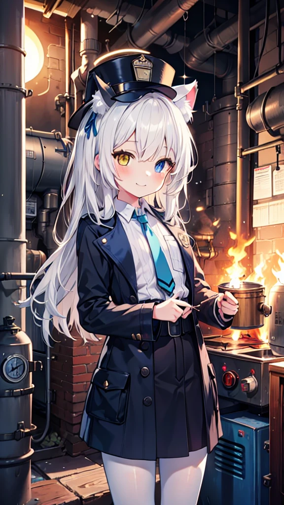 White pantyhose，White hair，Smile，Long hair，Cat ear，Heterochromia（Left blue right yellow），Female face，There are bright spots in the eyes，flat chest，blue halo，Alone，Inside the boiler room，Sunset，Steampunk，hat，Hand holding wood，Adding fuel to the boiler