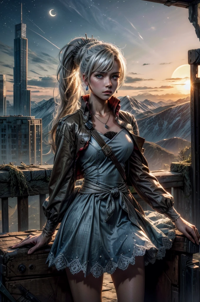 (masterpiece, best quality:1.2), cowboy shot, weissvale, expressionless, closed mouth, looking at viewer, ponytail, scar on eye, white dress, jewelry, necklace, earrings, standing with crowd in city ruins on hill, overlooking valley, BREAK night, stars, moon, snow, BREAK mountains in background, waterfall, vehicle wreck, , (crowd in military uniform), bonfires, post-apocalypse, dystopian future,