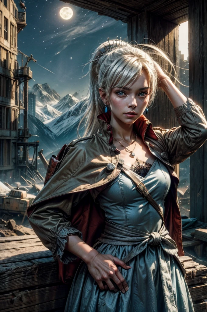 (masterpiece, best quality:1.2), cowboy shot, weissvale, expressionless, closed mouth, looking at viewer, ponytail, scar on eye, white dress, jewelry, necklace, earrings, standing with crowd in city ruins on hill, overlooking valley, BREAK night, stars, moon, snow, BREAK mountains in background, waterfall, vehicle wreck, , (crowd in military uniform), bonfires, post-apocalypse, dystopian future,