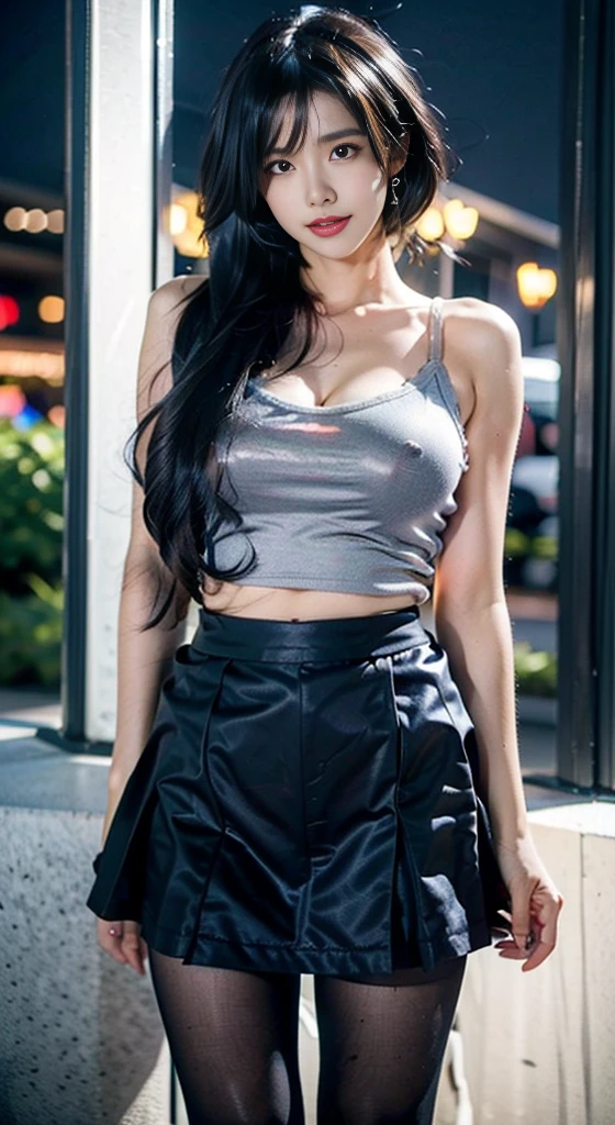 tokisaki kurumi, jkxf, ((Bare shoulders)), ((Full breasts)), ((The skirt is short)), ((Sexy legs)), ((knee shot)), ((Standing, Elegant posture)), 1girl,独奏, 1girl, Cute Girl, Beauty, Practical, Fashion Girl, Red lips, Mature women, Exquisite makeup, big eyes, beautiful, (best quality, masterpiece:1.2), Extremely detailed, (Practical:1.37), ((Random Scenes, Random shooting angle)), ((Sexy long legs)), Young and energetic, Charming model, (Exquisite eyes, Delicate lips), Show a bright smile, Create stunning girl images, warm color, Extremely saturated colors, Official Art, Extremely detailed的 CG, Unity 8K wallpaper, (High Dynamic Range :1.4), (Movie atmosphere),(Soft colors), (Natural skin texture, ultra-Practical, Soft Light, sharp),(Very detailed), night, moonlight