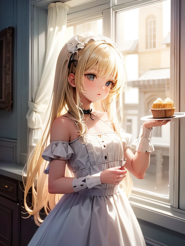 masterpiece, 8K Ultra HD, Very detailed, (small:1.3), innocent, (One girl), Ultra high definition, Blonde, pastel colour, Cozy atmosphere, Dessert display case, Macaroons, cupcake, tart, cake, coffee maker, Blackboard Menu, Natural light, Glass jar filled with candy, Frosted window glass, Decorative Plate, Whimsical decor, Sugar Sculpture,