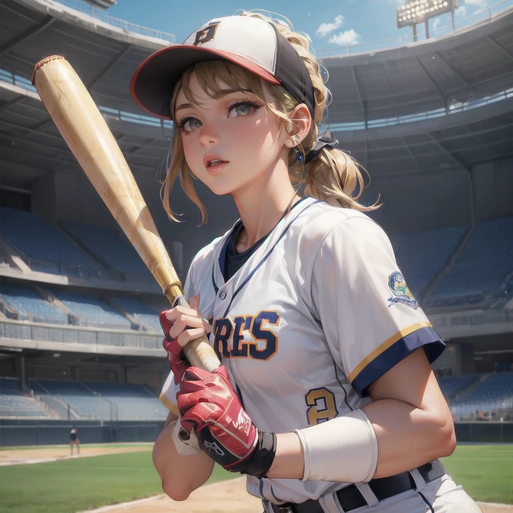 masterpiece, (textured skin), best quality, gorgeous beautiful girl, (a female softball athlete), detailed clothes,large breasts,narrow waist,, (beautiful face), cinematic lighting, (at softball venue ),