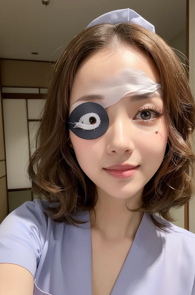 (1 Girl )、(28years old,Beautiful Japanese,round face、Refreshing、clear、seems kind、stylish、Pitiful、cute like an angel、cute、black eyes、(Single eyelid:1.3)、(Beautiful skin), {(Japan human face:1.6),(General facial features)} , (((Beautiful breasts:1.0))),(((soft breasts))),(very cute),(enchanting eyes),(highlight on eyes:1.2)、(brown hair),(medium long hair,curly blonde hair.),(8K、Live shooting、highest quality、masterpiece:1.2、optimal lighting),(Photo taken by a professional photographer),(real、photo real:1.4),BREAK,{ ((pink nurse costume)),},break, hospital,from below,(((1970s vibe)))、Hospital ,face shot:1.4,クローズアップ、,standing,Smile:1.3,open mouth:1.2,looking at viewer,(((one eye clsed)))