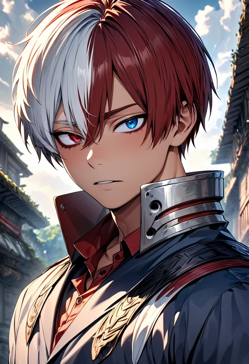 Ultra detailed, highres, absurdres, HDR, master piece, Todoroki Shouto, bicolor hair, right side is white, left side is red, heterochromia, right eye is grey, left eye is blue, detailed eyes, Boku No Hero Academia, fantasy, handsome, solo, best quality, blue clothes.