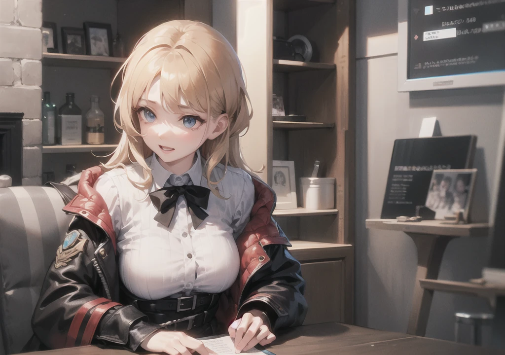 Realistic photos, Focus distance 10mm, Red and white, A big smile, Beautiful girl, Realistic photos, Focus distance 10mmで撮影, masterpiece, 最high quality, high quality, Very detailed CG 8k wallpaper unit, Award-winning photography, Depth of written boundary, High resolution, bloom, chromatic aberration, Realistic, Very detailed, Art Station Trends, CGsociety Trends, Complex, High detail, dramatic, Art on the go, volumetric lighting, Beautiful blonde, Final Fantasy style beautiful girl、Blue Eyes、Short black hair、Steampunk detective costume、Foggy city in the background