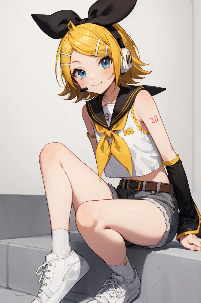 rin kagamine, blonde hair, blue eyes, hair bow, headset, short hair, headphones,
bare shoulders, belt, black sailor collar, black shorts, bow, crop top, detached sleeves, grey legwear, grey shorts, grey sleeves, hair bow, leg warmers, neckerchief, sailor collar, , shirt, mini skirt, short sleeves, shorts, white bow, white footwear, white shirt, yellow neckerchief, from below, pink panties,
(best quality, masterpiece, RAW photo,ultra-detailed:1.2), 1girl,solo,looking at viewer,smile,sitting