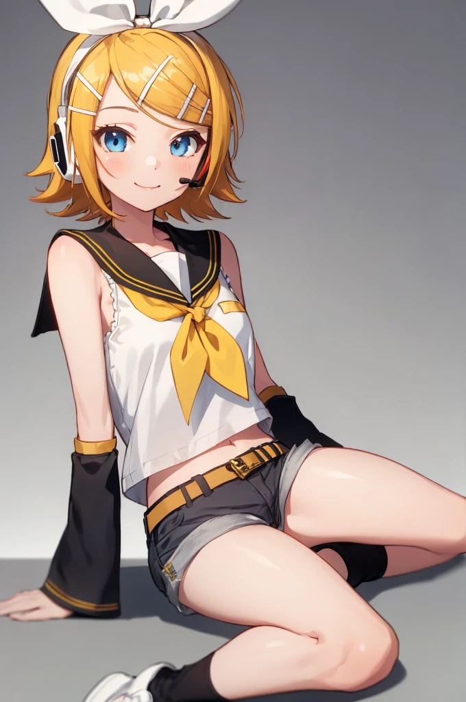 rin kagamine, blonde hair, blue eyes, hair bow, headset, short hair, headphones,
bare shoulders, belt, black sailor collar, black shorts, bow, crop top, detached sleeves, grey legwear, grey shorts, grey sleeves, hair bow, leg warmers, neckerchief, sailor collar, , shirt, mini skirt, short sleeves, shorts, white bow, white footwear, white shirt, yellow neckerchief, from below, pink panties,
(best quality, masterpiece, RAW photo,ultra-detailed:1.2), 1girl,solo,looking at viewer,smile,sitting