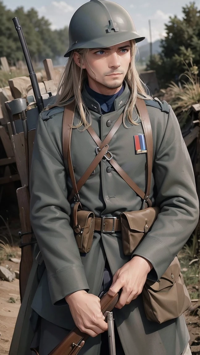 (masterpiece), best quality, expressive eyes, perfect face, All quiet on western Front, man, trenches, dirty, uniform, realistic, HD, Rifle, Orlando Bloom, big bag, French army, regiment, France, defending position, pov, Far view, shot, shooting, fighting