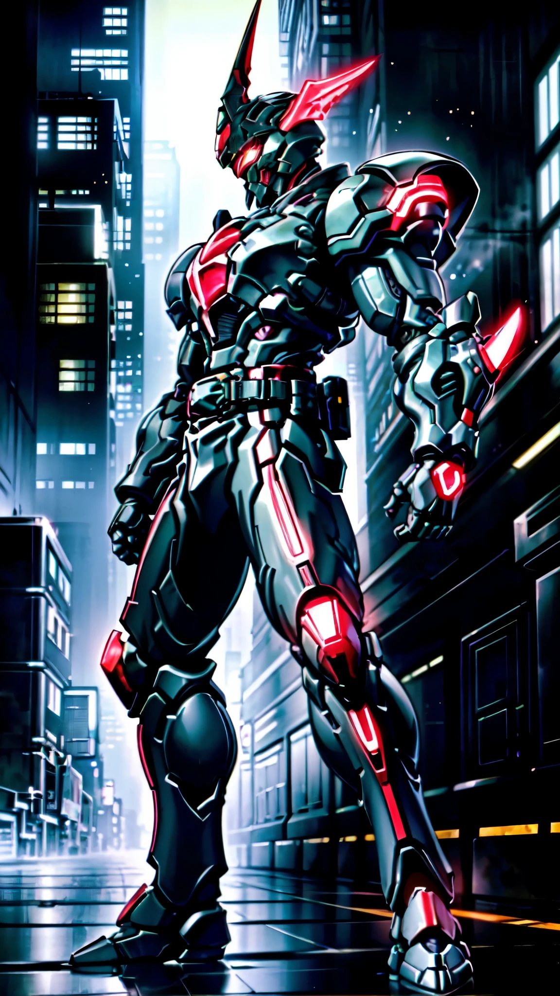 (masterpiece:1.5, best quality:1.5, extremely delicate:1.5, foreshortening:1.5, dynamic angle:1.5), a man wearing a full-face helmet, a fantasy-style biotech armored combat suit, green eyes, (a composite layered chest armor), fully enclosed shoulder guards, matching arm and leg guards, the belt is adorned with neon circuitry, (the color scheme is primarily white with red black accents), the design balances heavy with agility, a high-tech bio-mecha armor, (Armor Concept Inspired by neon Cyberpunk, stand on the top of a skyscraper in a futuristic sci-fi city), this character embodies a finely crafted fantasy-surreal style armored hero in anime style, exquisite and mature manga art style, (element, plasma, energy, the armor glows), ((male:1.5)), metallic, high definition, highres, ultra-detailed, ultra-fine painting, professional, perfect body proportions, golden ratio, anatomically correct, symmetrical face, extremely detailed eyes and face, high quality eyes, creativity, RAW photo, UHD, 32k, Natural light, cinematic lighting, masterpiece-anatomy-perfect