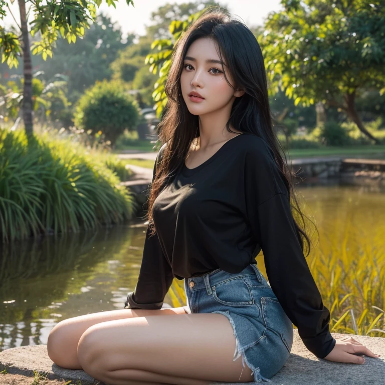 Frontal photo of Araffe woman, 25 30 years old, Old ripped jeans, dark yellow, Wear a black shirt., Dark Green, Looking straight at you intently, Long-haired woman with a round face, Red cheeksแดงอมชมพู, black eyes ตาสองชั้น, black eyes, Thai anime, Has a large chest size of 38 inches., woman with flowing black hair, Long black hair blows in the wind., long flowing black hair, she has black hair, Her black hair was long and wavy., beautiful black hair, Extra dark natural black hair, The shirt is tight., Looks hot., ,black eyes,abdominal muscles, rounded chest,photo-glowing face, (Red cheeks:1.3:), outdoor, The background is a rice field., There is an old thatched Thai-style hut in the background., The evening sun shines, beautiful female model, jaw-dropping beauty, Attractive face and body, realistic: Open the aperture wide., professional lighting, Sony A7R4, 50 mm sitting lens. 2 ; Warm light, (digital painting, HDR, high contrast (digital painting, HDR, high contrast), (Highest quality),(Masterpiece:1.3),(sharp focus:1.2:),