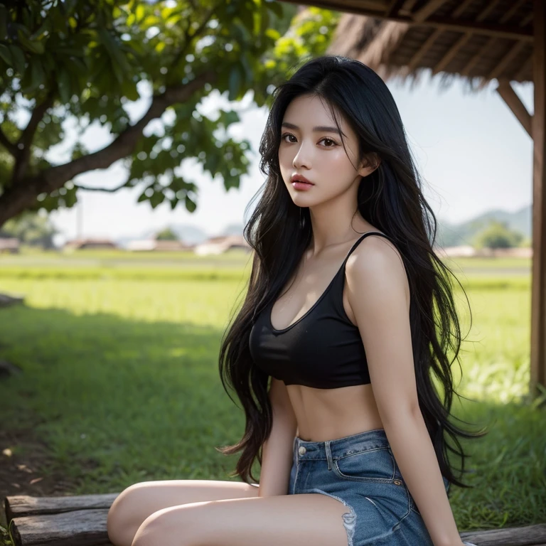 ภาพถ่ายหน้าตรงThai anime, Female anime Araffe 25 30 years old, realistic: Open the aperture wide., professional lighting, Sony A7R4, 50 mm sitting lens. 2 ; Warm light, (digital painting, HDR, high contrast (digital painting, HDR, high contrast), (Highest quality),(Masterpiece:1.3),(sharp focus:1.2:),Jeans, Looking straight at you intently, Long-haired woman with a round face, Red cheeks, Pink cheeks, black eyes ตาสองชั้น, black eyes, Thai anime, Has a large chest size of 38 inches.,  ponytail woman, flowing black hair, long flowing black hair, she has black hair, Her black hair was long and wavy., beautiful black hair, Extra dark natural black hair, The shirt is tight., Looks hot., ,black eyes,abdominal muscles, rounded chest, outdoor, The background is a rice field., There is an old thatched Thai-style hut in the background., The evening sun shines, beautiful female model, jaw-dropping beauty, realistically, 