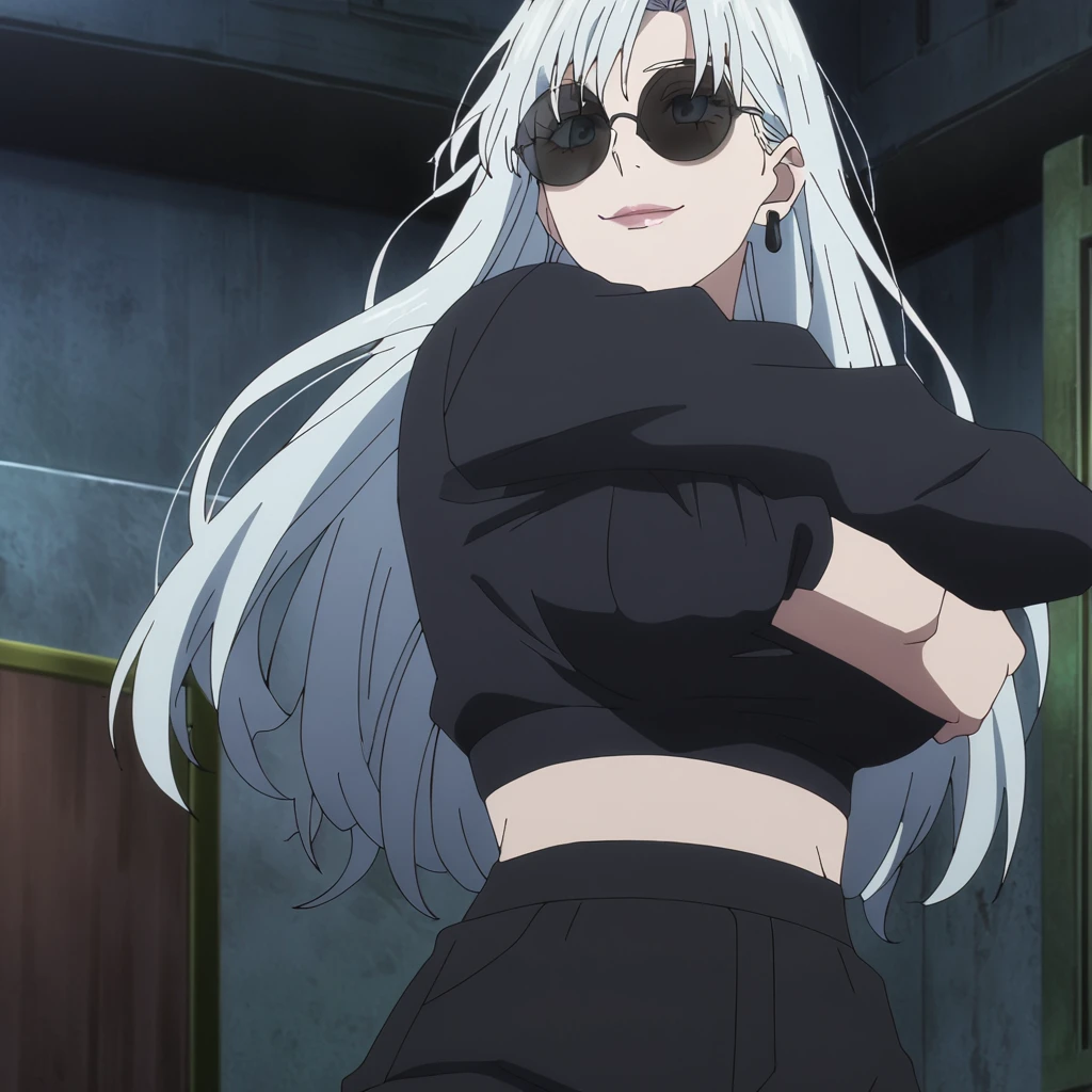 1girl, female gojo satoru, anime screencap from jujutsu kaisen, gojo satoru female version, solo, long_hair, ((wearing round sunglasses)) ((White_hair)), night view, (hanging breasts) ((cross arms)) upper_body, smile, indoors, book, lips, (long hair) ((wearing black colour crop top with full sleeves and black colour pant)) breast, "very detailed and high resolution" ((solo)) (((front view))) (earings) ((high resolution)) ((good quality)) ((silky hair)) ((cross arms))