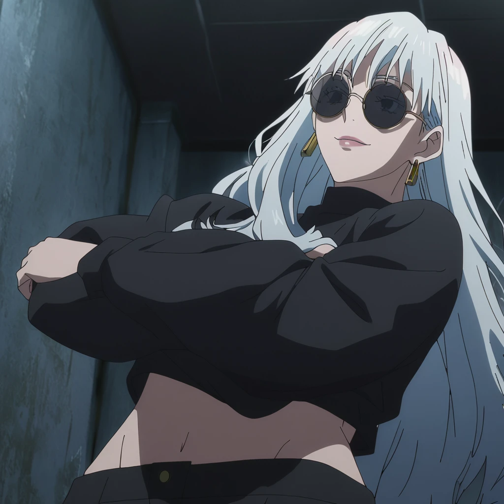 1girl, female gojo satoru, anime screencap from jujutsu kaisen, gojo satoru female version, solo, long_hair, ((wearing round sunglasses)) ((White_hair)), night view, (hanging breasts) ((cross arms)) upper_body, smile, indoors, book, lips, (long hair) ((wearing black colour crop top with full sleeves and black colour pant)) breast, "very detailed and high resolution" ((solo)) (((front view))) (earings) ((high resolution)) ((good quality)) ((silky hair)) ((cross arms))