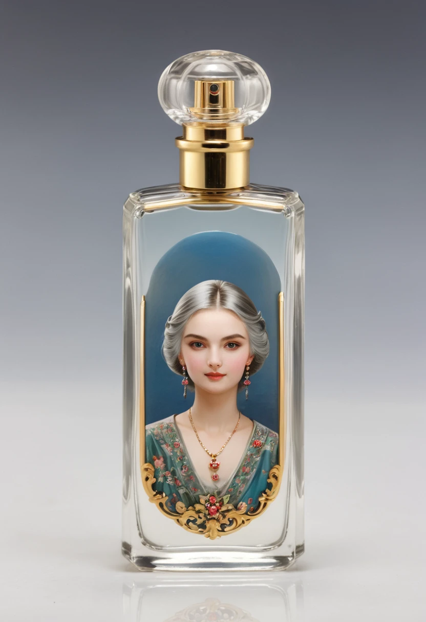 Masterpiece, Highest quality, Miniature, Table size, A Russian girl in her early 20s with ash grey hair, In a perfume bottle, The face is precise(((must)))
