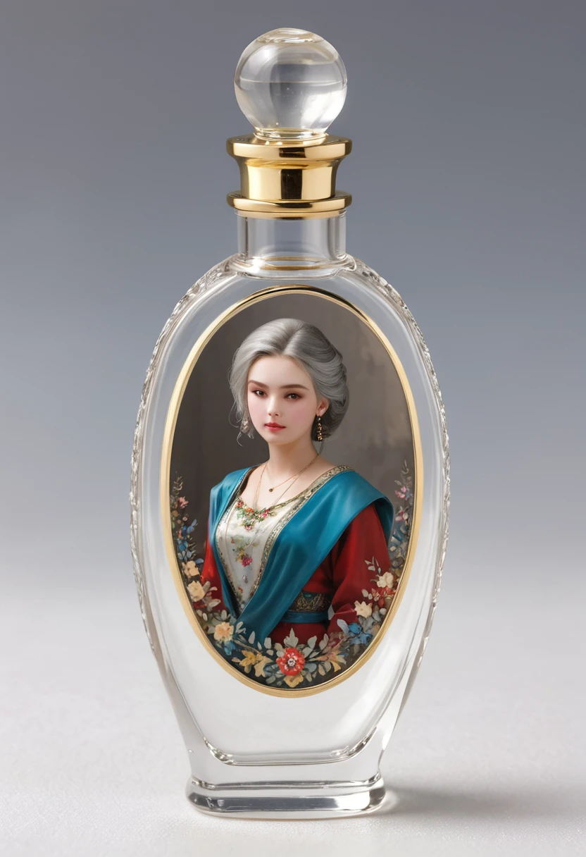 Masterpiece, Highest quality, Miniature, Table size, A Russian girl in her early 20s with ash grey hair, In a perfume bottle, The face is precise(((must)))