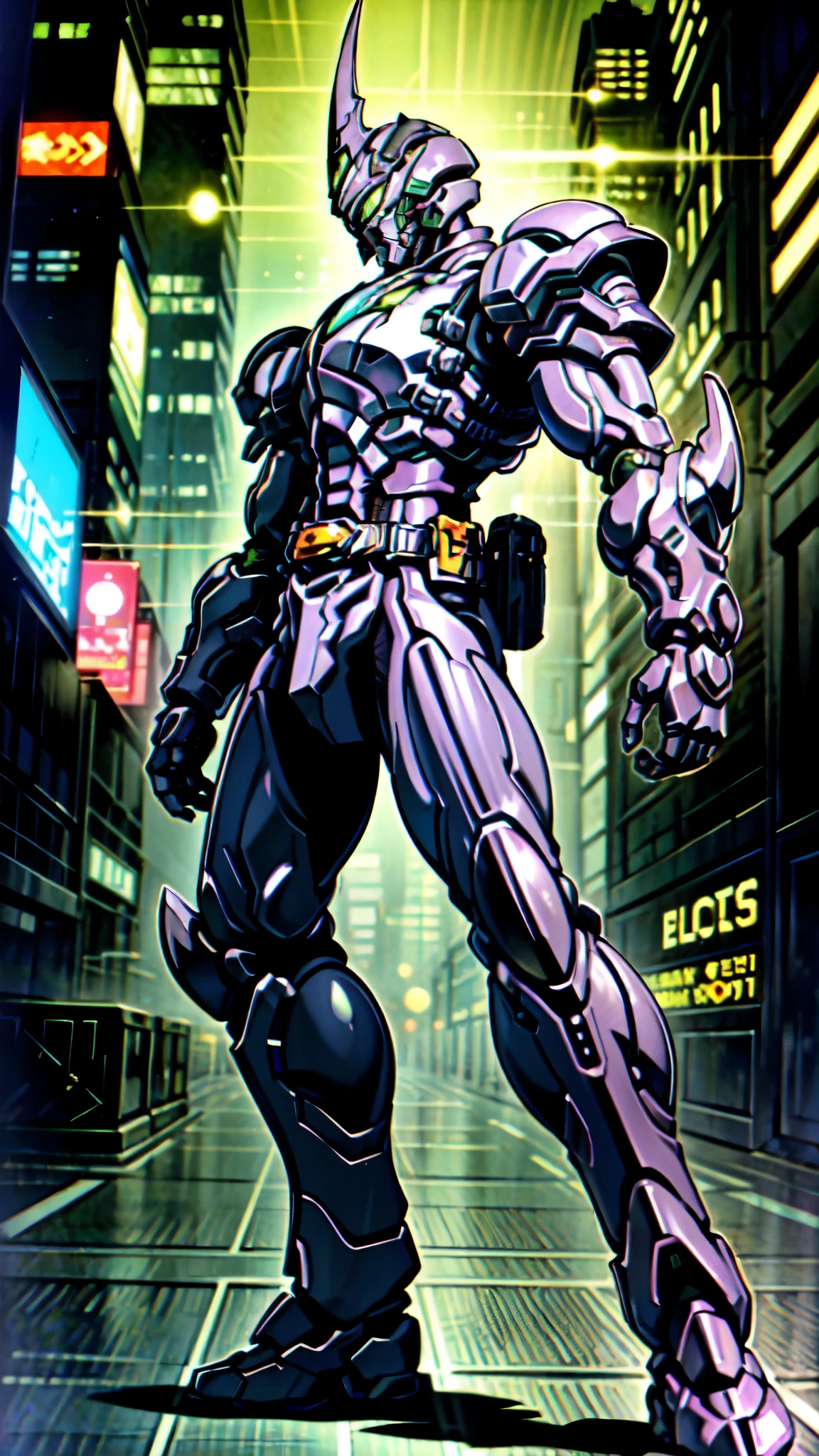 (masterpiece:1.5, best quality:1.5, extremely delicate:1.5, foreshortening:1.5, dynamic angle:1.5), a man wearing a full-face helmet, a fantasy-style biotech armored combat suit, green eyes, (a composite layered chest armor), fully enclosed shoulder guards, matching arm and leg guards, the belt is adorned with neon circuitry, (the color scheme is primarily white with red black accents), the design balances heavy with agility, a high-tech bio-mecha armor, (Armor Concept Inspired by neon Cyberpunk, stand on the top of a skyscraper in a futuristic sci-fi city), this character embodies a finely crafted fantasy-surreal style armored hero in anime style, exquisite and mature manga art style, (element, plasma, energy, the armor glows), ((male:1.5)), metallic, high definition, highres, ultra-detailed, ultra-fine painting, professional, perfect body proportions, golden ratio, anatomically correct, symmetrical face, extremely detailed eyes and face, high quality eyes, creativity, RAW photo, UHD, 32k, Natural light, cinematic lighting, masterpiece-anatomy-perfect