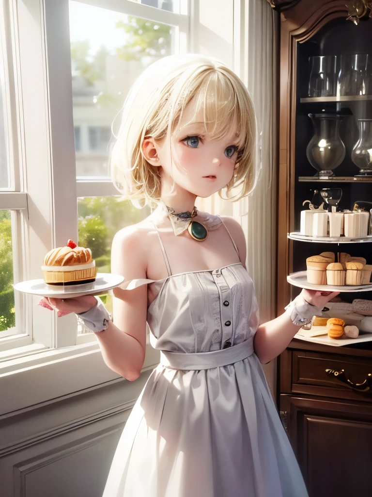 masterpiece, 8K Ultra HD, Very detailed, (small:1.3), innocent, (One girl), Ultra high definition, Blonde, pastel colour, Cozy atmosphere, Dessert display case, Macaroons, cupcake, tart, cake, coffee maker, Blackboard Menu, Natural light, Glass jar filled with candy, Frosted window glass, Decorative Plate, Whimsical decor, Sugar Sculpture,