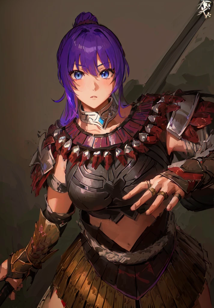 Wearing armor、Anime image of a woman holding a spear, Armor Girl, With scaly armor, Purple Armor, wearing monster hunter armor, A very beautiful berserker woman,Anime Art,Three Kingdoms志,Three Kingdoms。big boods,big ,huge ,sex body,Purple Hair,Blue Eyes,Black Leather,Brown skin,dark skin,