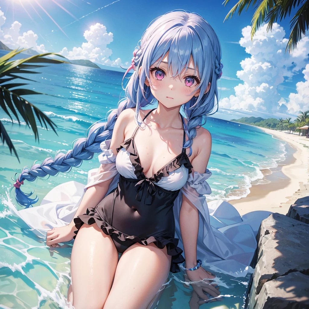 (Sky blue medium hair),(Braided hair tied together)、Pink eyes、Fair skin、(whole body)、(One Girl)、Black frilly swimsuit、Stylish sunglasses、Shining white sand beach in midsummer、Okinawa&#39;s ocean、A big smile、、(masterpiece、Highest quality、Very detailed、Best Shadow)、(Detailed Background)、(Beautifully detailed face)、High contrast、(Best lighting、Very delicate and beautiful)、((Cinematic Light))、colorful、Hyper Detail、Dramatic Light、Exquisite detail、Standing with your legs apart