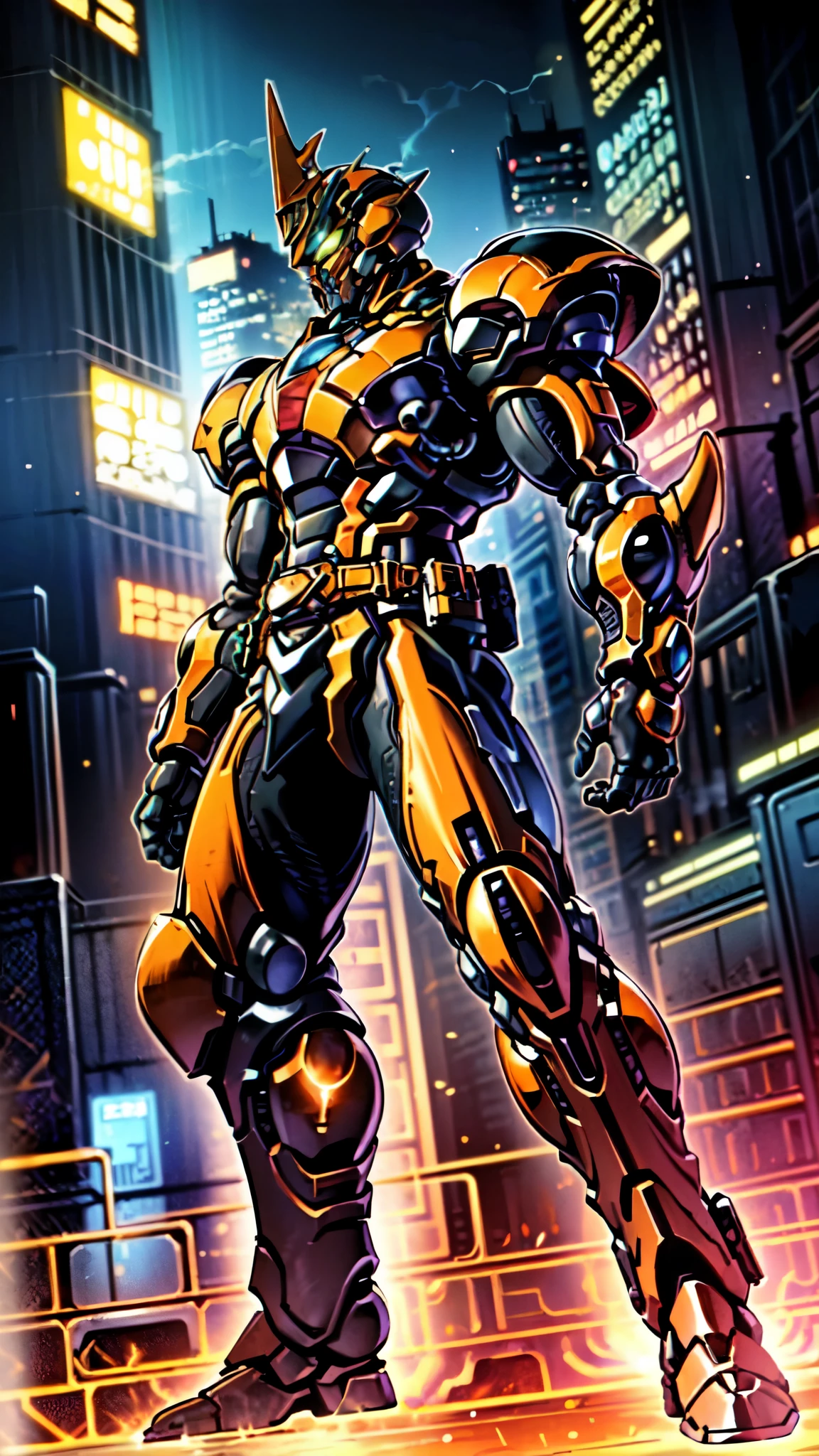 (masterpiece:1.5, best quality:1.5, extremely delicate:1.5, foreshortening:1.5, dynamic angle:1.5), a man wearing a full-face helmet, a fantasy-style biotech armored combat suit, green eyes, (a composite layered chest armor), fully enclosed shoulder guards, matching arm and leg guards, the belt is adorned with neon circuitry, (the color scheme is primarily white with red black accents), the design balances heavy with agility, a high-tech bio-mecha armor, (Armor Concept Inspired by neon Cyberpunk, stand on the top of a skyscraper in a futuristic sci-fi city), this character embodies a finely crafted fantasy-surreal style armored hero in anime style, exquisite and mature manga art style, (element, plasma, energy, the armor glows), ((male:1.5)), metallic, high definition, highres, ultra-detailed, ultra-fine painting, professional, perfect body proportions, golden ratio, anatomically correct, symmetrical face, extremely detailed eyes and face, high quality eyes, creativity, RAW photo, UHD, 32k, Natural light, cinematic lighting, masterpiece-anatomy-perfect