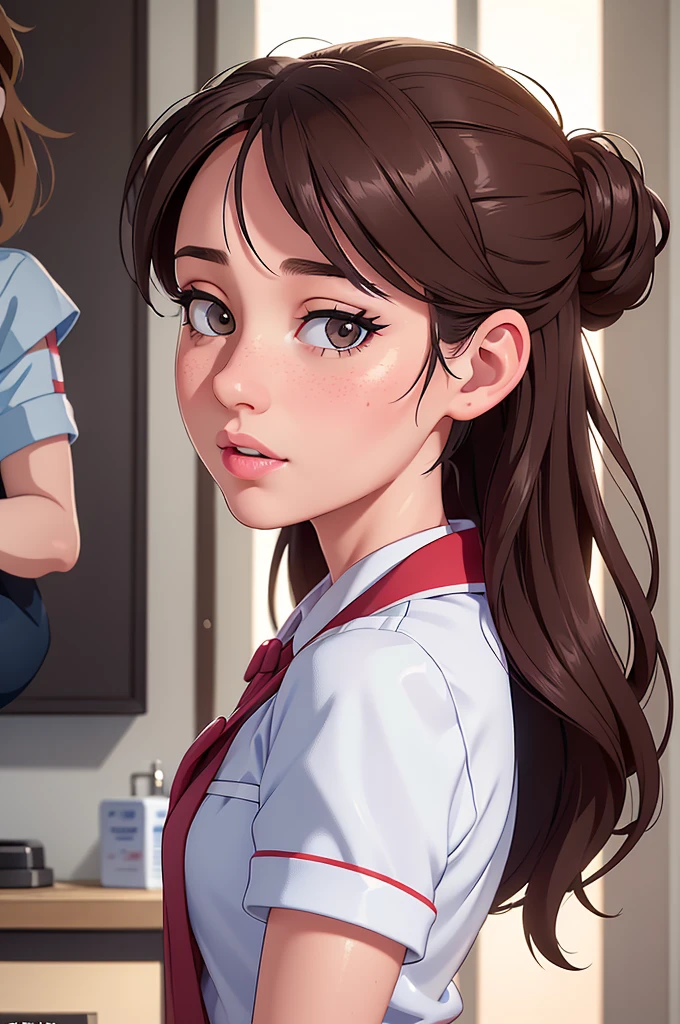 (a woman:1.1) A girl in a nurse uniform (from behind) (Best Quality,4k,8k,high resolution,Masterpiece:1.2), (realist,photorealist,photo-realist:1.37), ultra detailed, (professional:1.1) que incluande (a beautiful face) with (Extremely detailed eyes) and (beautiful detailed lips). the girl is seen (From a third person perspective:1.1), focusing on the (nurse&#39;s ass) in a (sexand:0.9) form. The nurse wears a (appropriate white uniform) with a (stethoscope) around your neck. The scene is (brightly lit) with (soft natural lighting) highlighting the girl and the nurse. The work of art must have a (realist) standle and vibrant colors to create a (natural) Atmosphere.